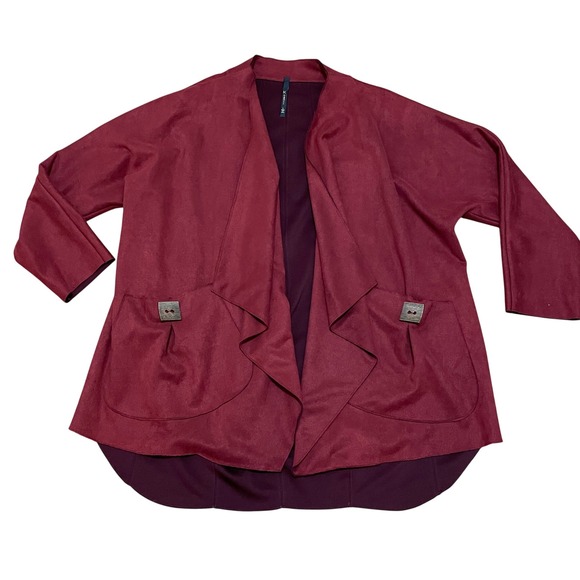 IC by Connie K Women's Large Open Front Faux Suede Burgundy Lagenlook Cardigan - Picture 1 of 5